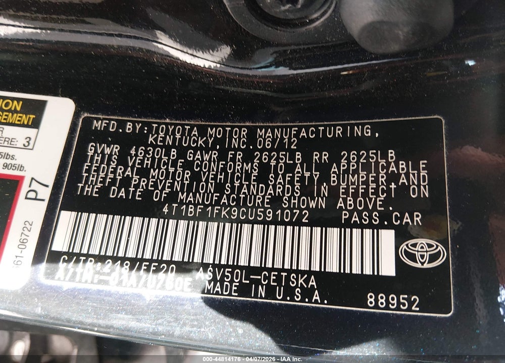 2012 TOYOTA CAMRY SE VIN: 4T1BF1FK9CU591072