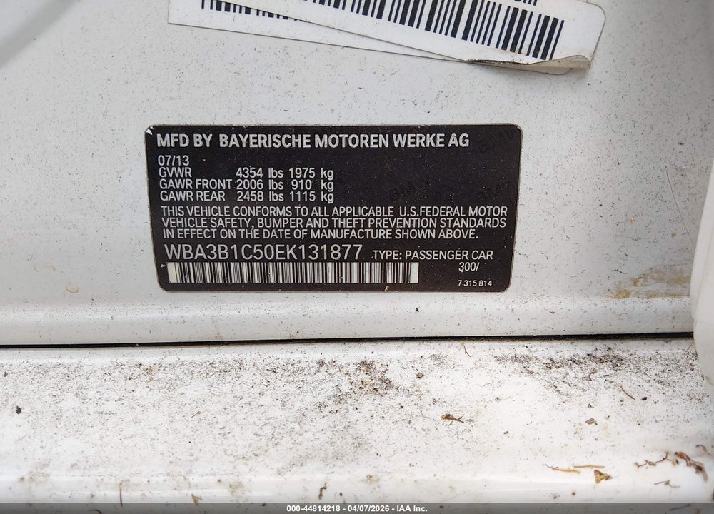 2014 BMW 320I VIN: WBA3B1C50EK131877