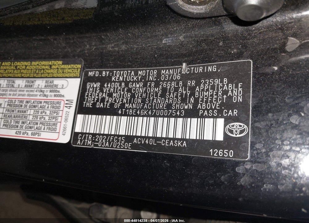 2007 TOYOTA CAMRY SE VIN: 4T1BE46K47U007543