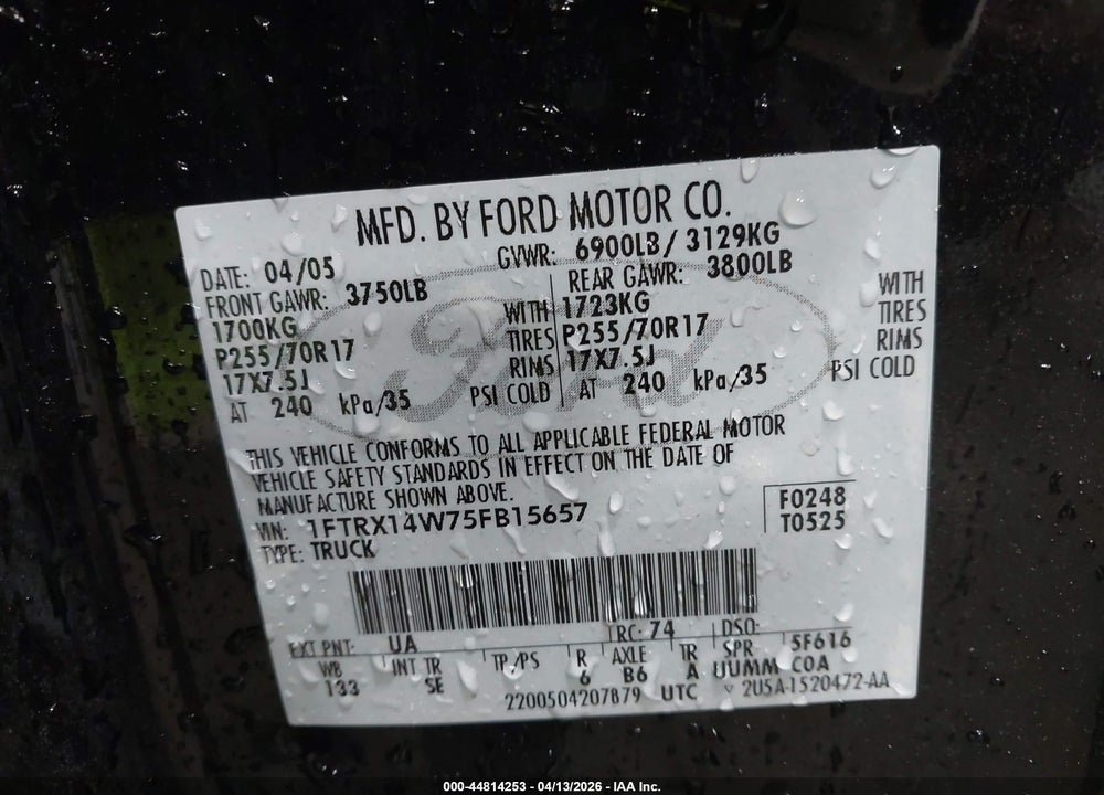 2005 FORD F-150 STX/XL/XLT VIN: 1FTRX14W75FB15657