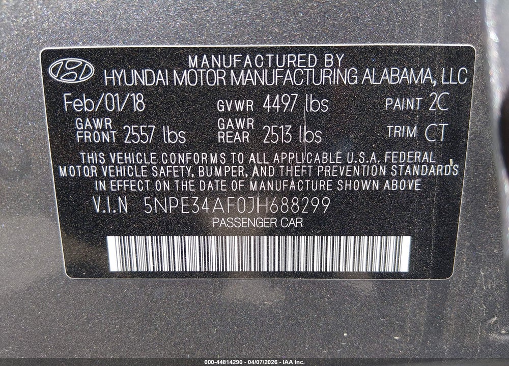 2018 HYUNDAI SONATA SPORT VIN: 5NPE34AF0JH688299