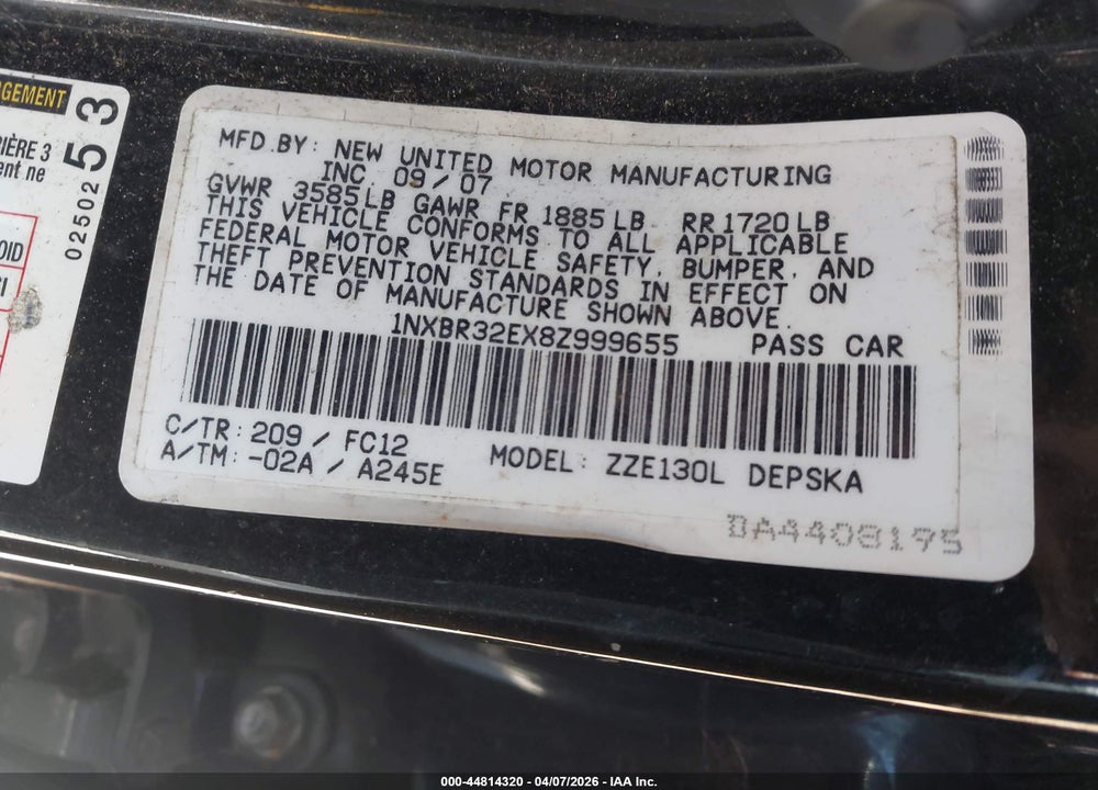 2008 TOYOTA COROLLA S VIN: 1NXBR32EX8Z999655
