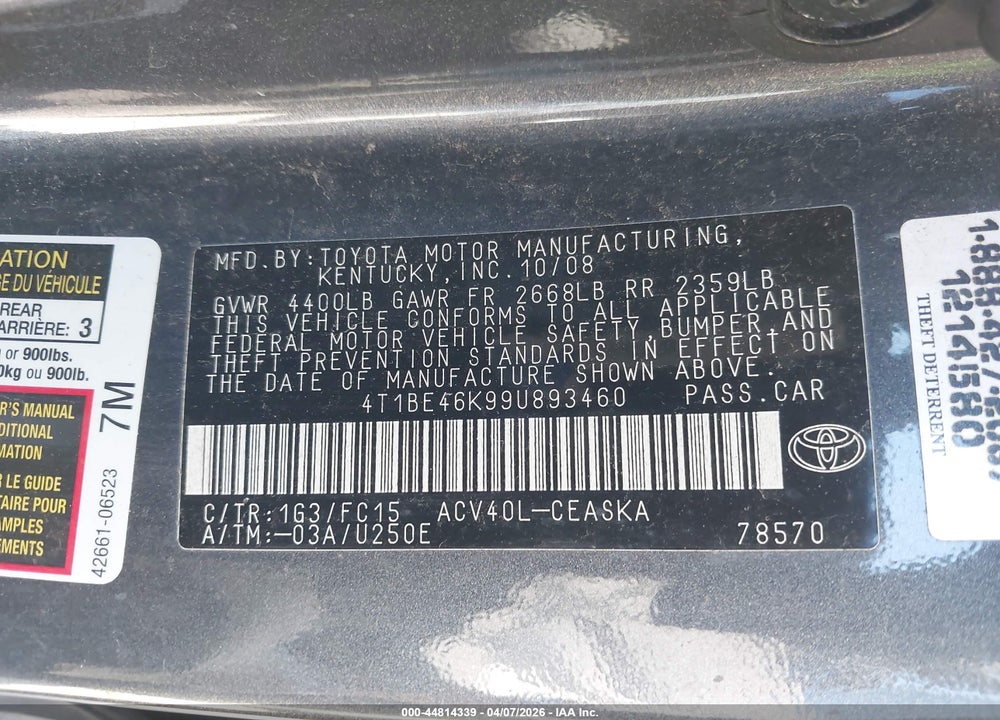2009 TOYOTA CAMRY SE VIN: 4T1BE46K99U893460