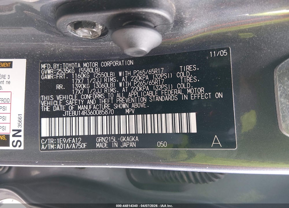2006 TOYOTA 4RUNNER SR5 V6 VIN: JTEBU14R360085870