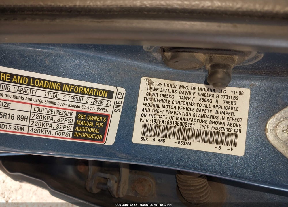 2009 HONDA CIVIC LX VIN: 19XFA16519E002151