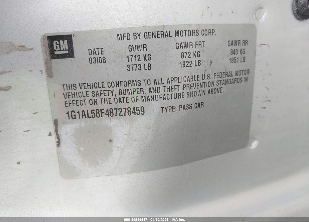 2008 CHEVROLET COBALT LT VIN: 1G1AL58F487278459