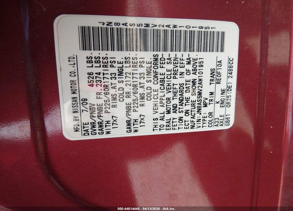 2010 NISSAN ROGUE SL VIN: JN8AS5MV2AW101951