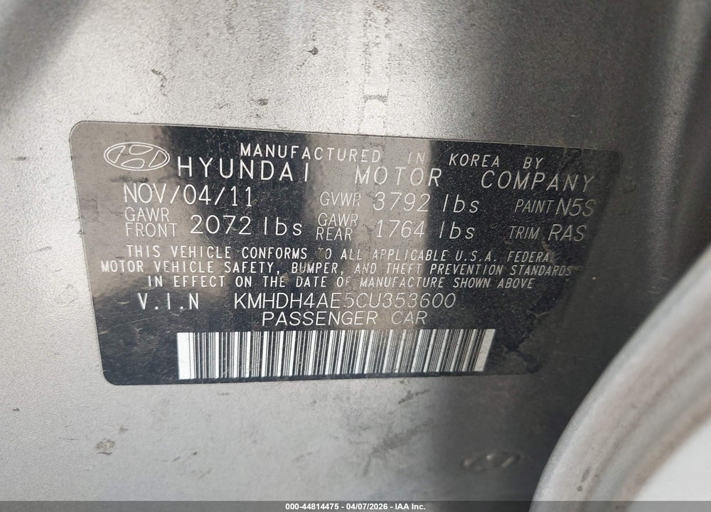 2012 HYUNDAI ELANTRA GLS (ULSAN PLANT) VIN: KMHDH4AE5CU353600