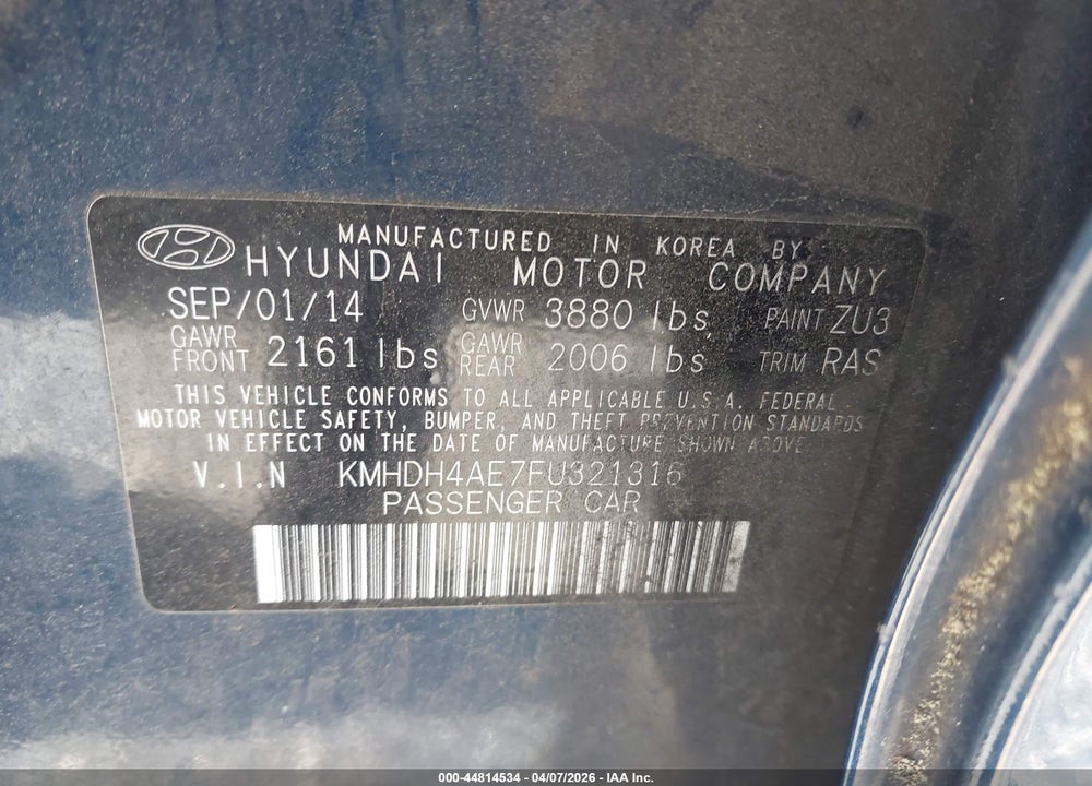 2015 HYUNDAI ELANTRA SE VIN: KMHDH4AE7FU321316
