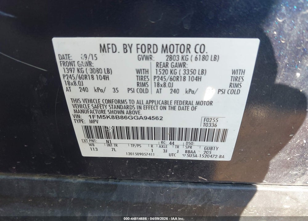 2016 FORD EXPLORER VIN: 1FM5K8B86GGA94562