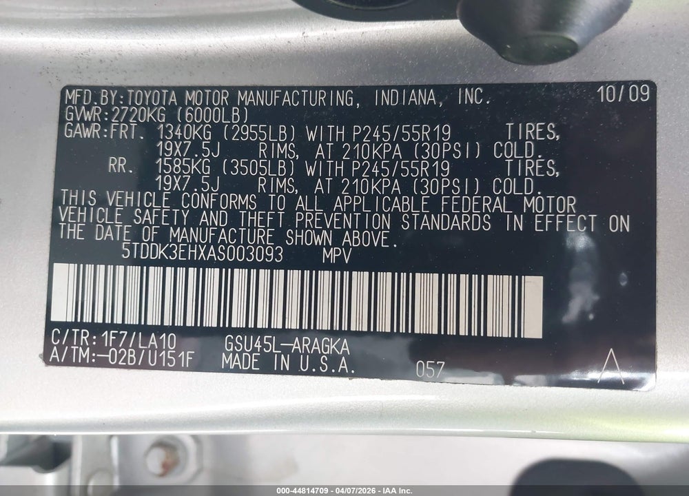 2010 TOYOTA HIGHLANDER LIMITED V6 VIN: 5TDDK3EHXAS003093