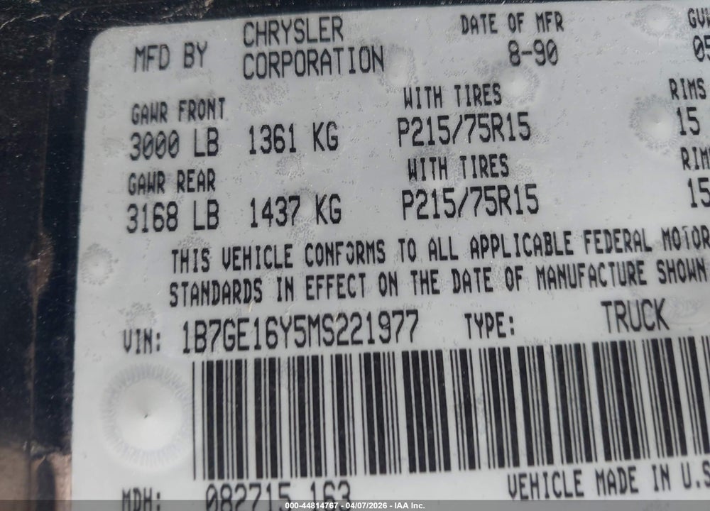 1991 DODGE D-SERIES D150 VIN: 1B7GE16Y5MS221977