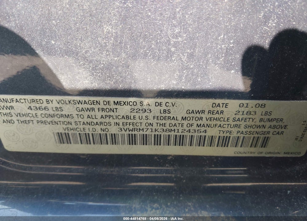 2008 VOLKSWAGEN JETTA SE VIN: 3VWRM71K38M124354