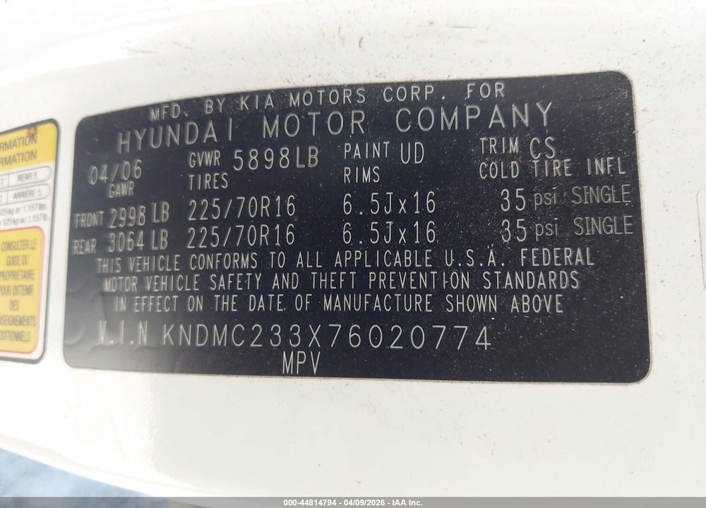 2007 HYUNDAI ENTOURAGE GLS/LIMITED/SE VIN: KNDMC233X76020774