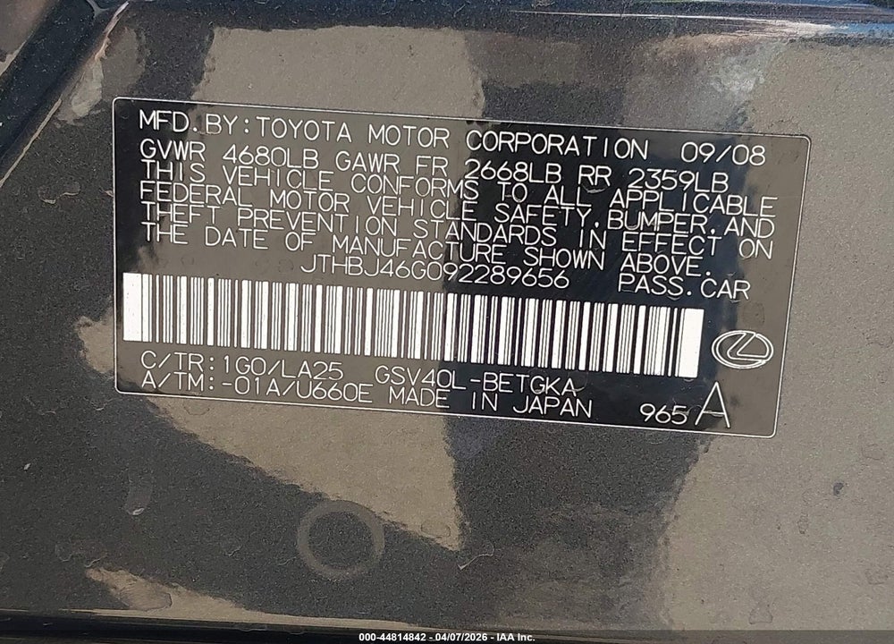 2009 LEXUS ES 350 VIN: JTHBJ46G092289656