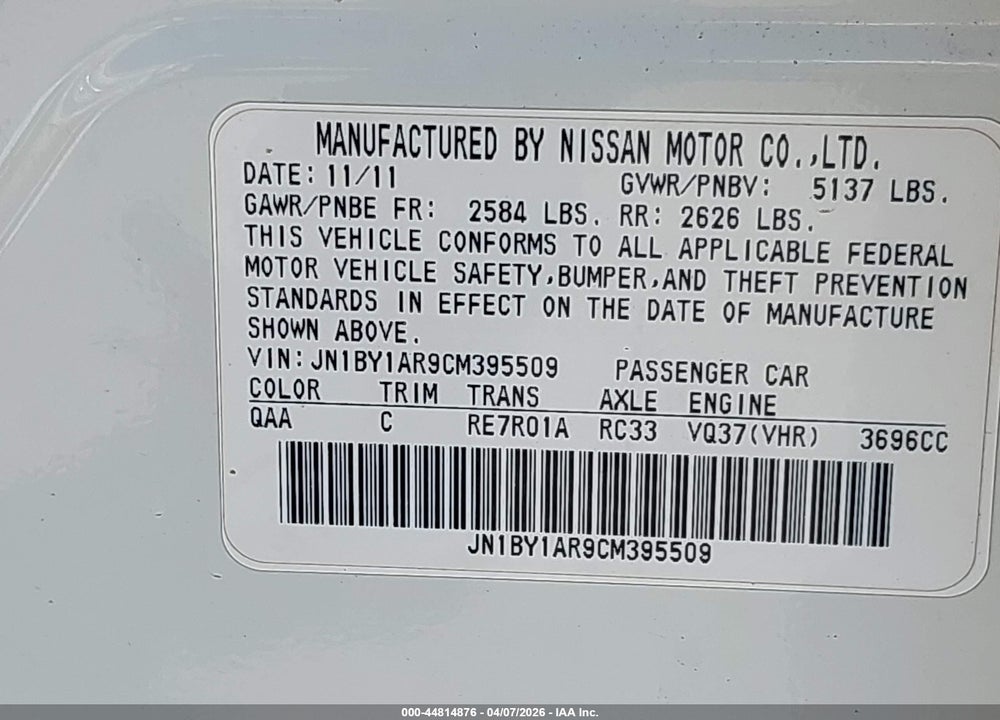 2012 INFINITI M37X VIN: JN1BY1AR9CM395509