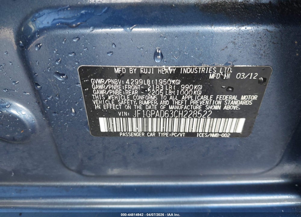 2012 SUBARU IMPREZA 2.0I PREMIUM VIN: JF1GPAD63CH228522