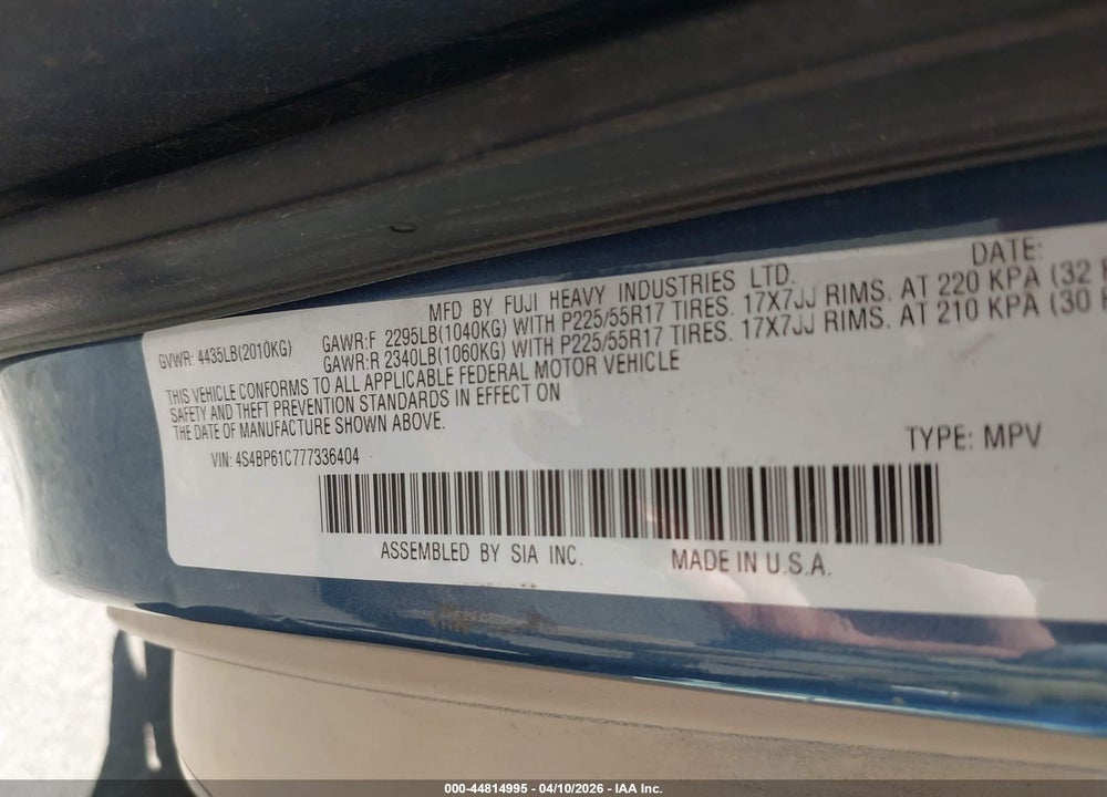 2007 SUBARU OUTBACK 2.5I VIN: 4S4BP61C777336404