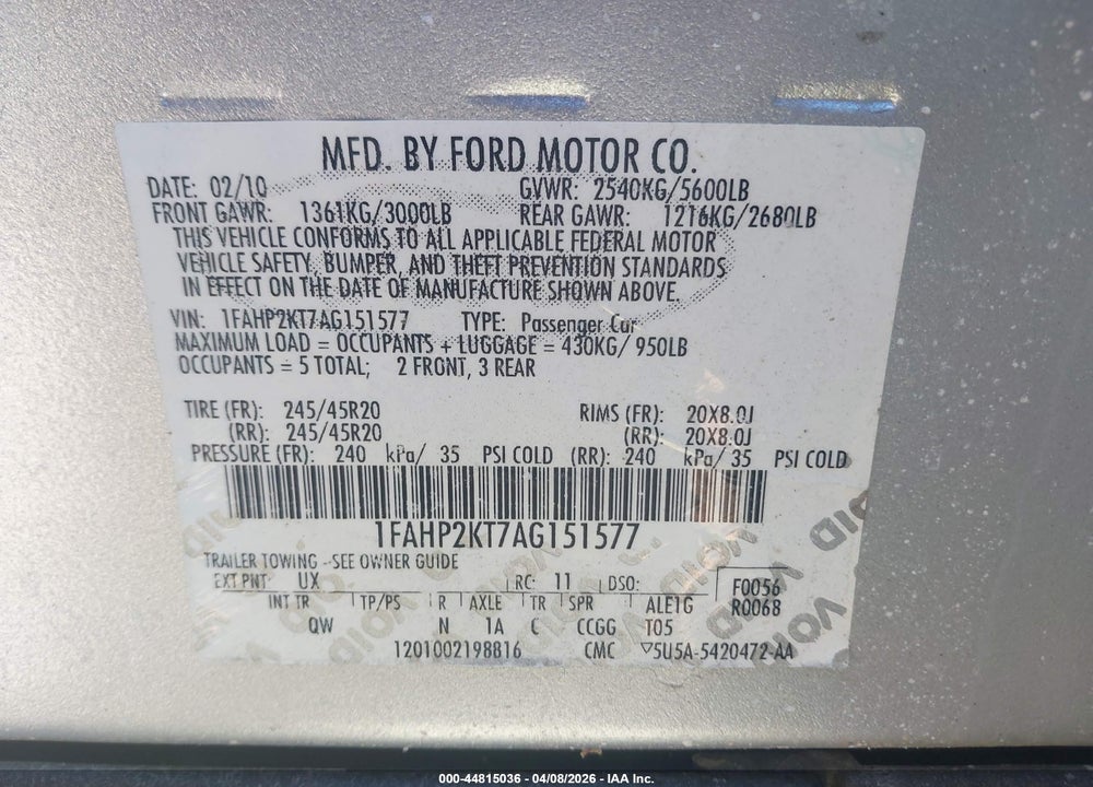 2010 FORD TAURUS SHO VIN: 1FAHP2KT7AG151577