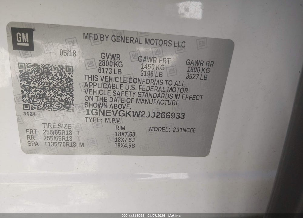 2018 CHEVROLET TRAVERSE 1LT VIN: 1GNEVGKW2JJ266933