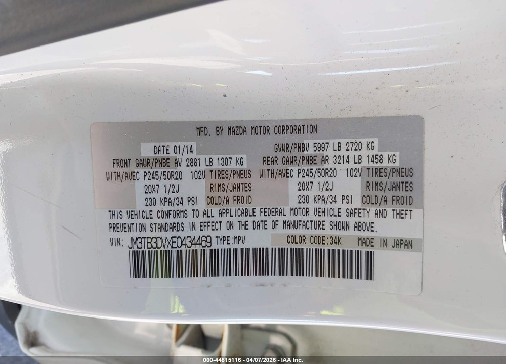 2014 MAZDA CX-9 GRAND TOURING VIN: JM3TB3DVXE0434469