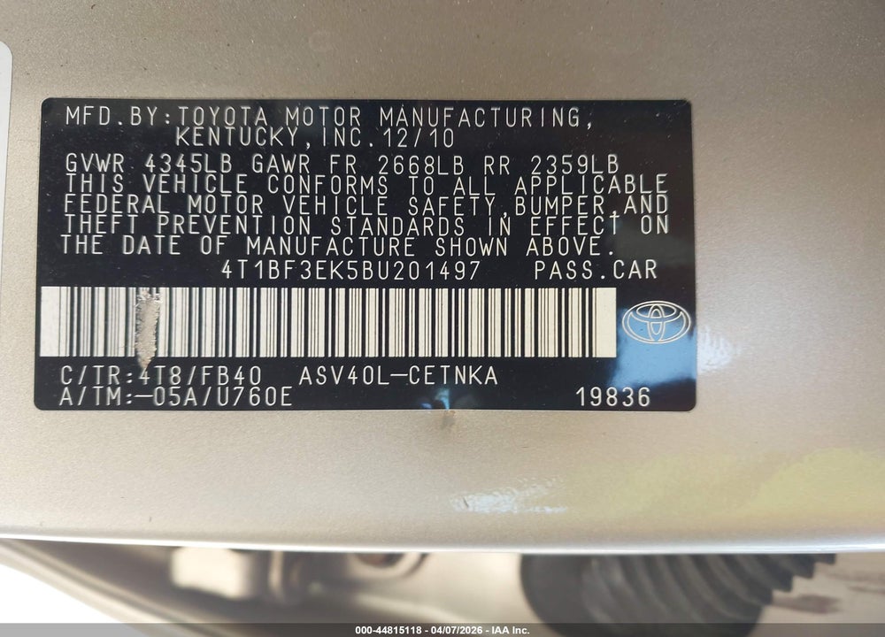 2011 TOYOTA CAMRY LE VIN: 4T1BF3EK5BU201497
