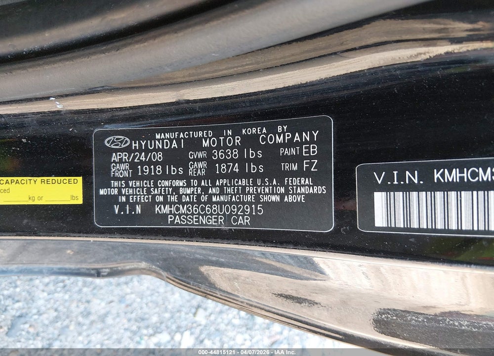 2008 HYUNDAI ACCENT GS VIN: KMHCM36C68U092915