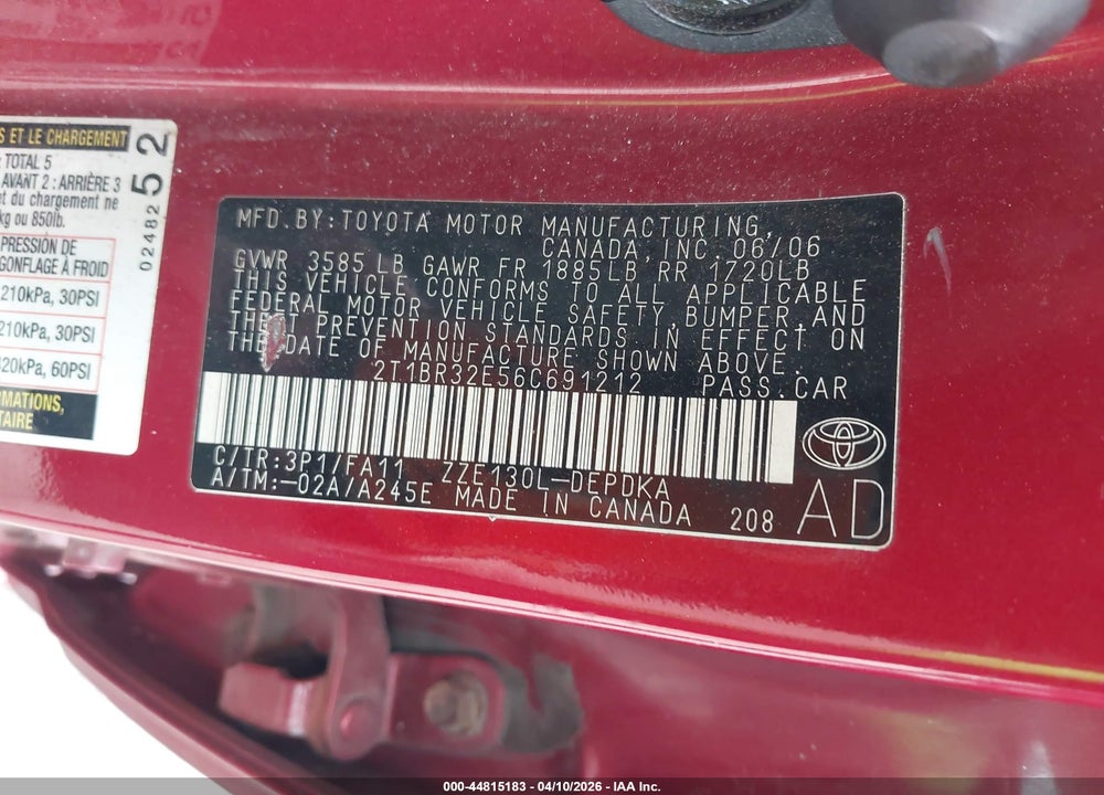 2006 TOYOTA COROLLA CE VIN: 2T1BR32E56C691212