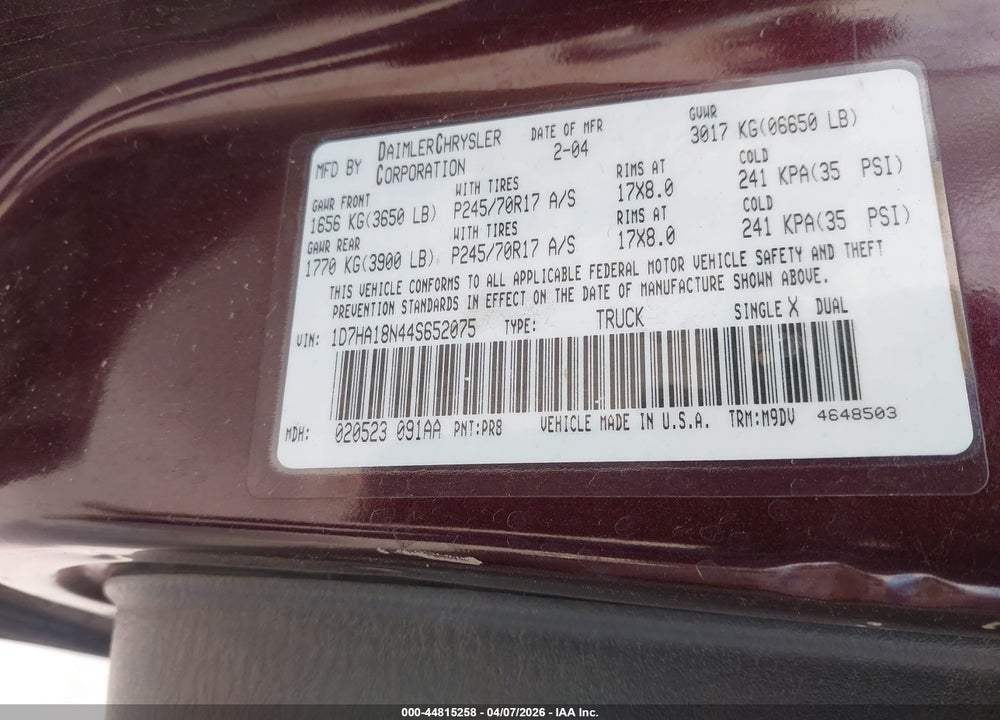 2004 DODGE RAM 1500 SLT/LARAMIE VIN: 1D7HA18N44S652075