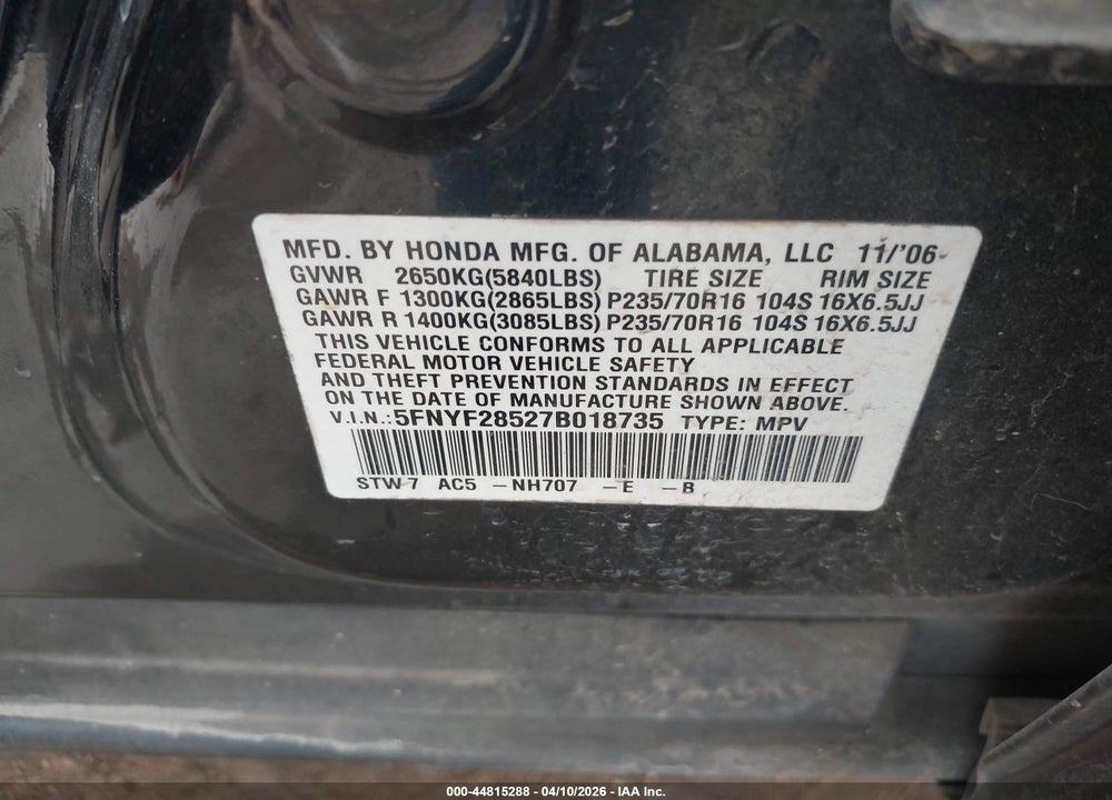 2007 HONDA PILOT EX-L VIN: 5FNYF28527B018735