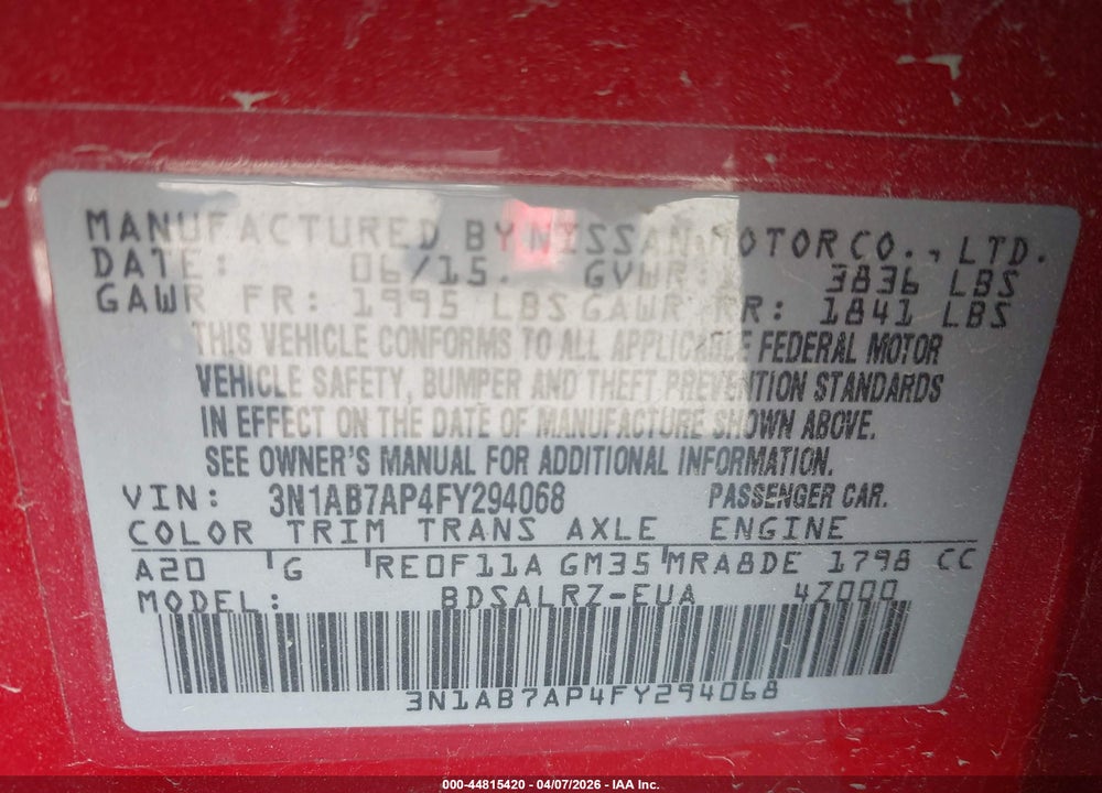 2015 NISSAN SENTRA SR VIN: 3N1AB7AP4FY294068