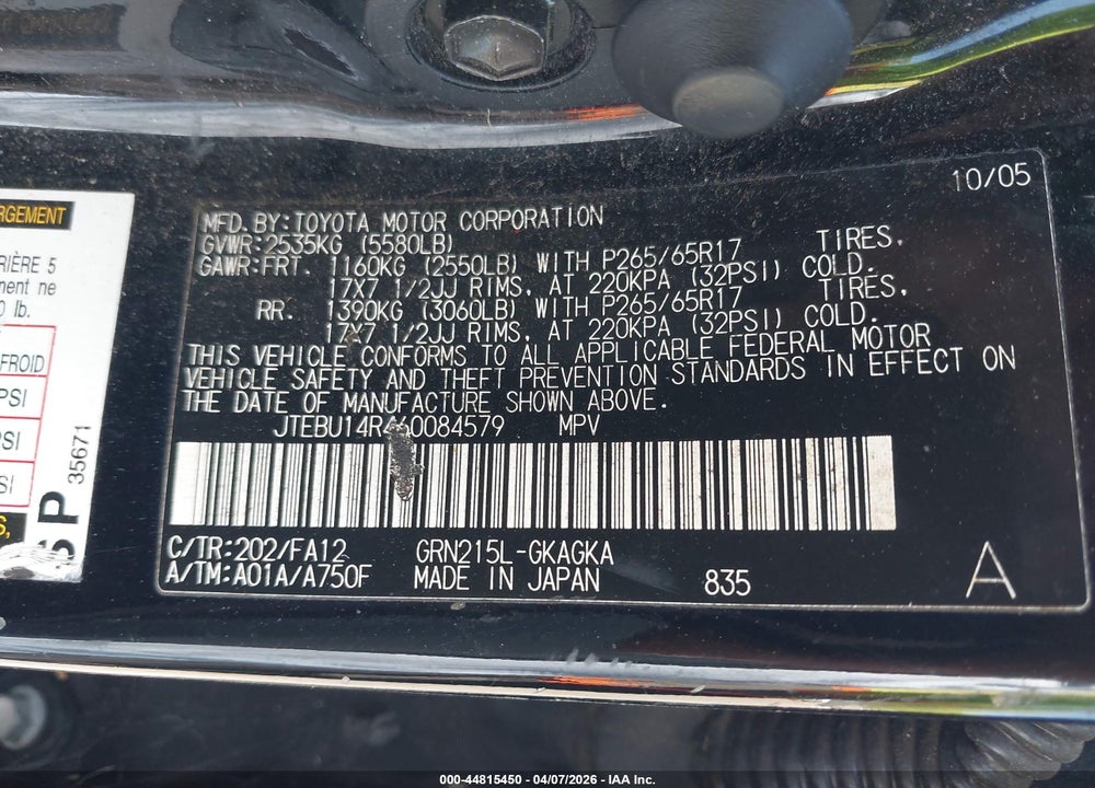 2006 TOYOTA 4RUNNER SR5 V6 VIN: JTEBU14R460084579
