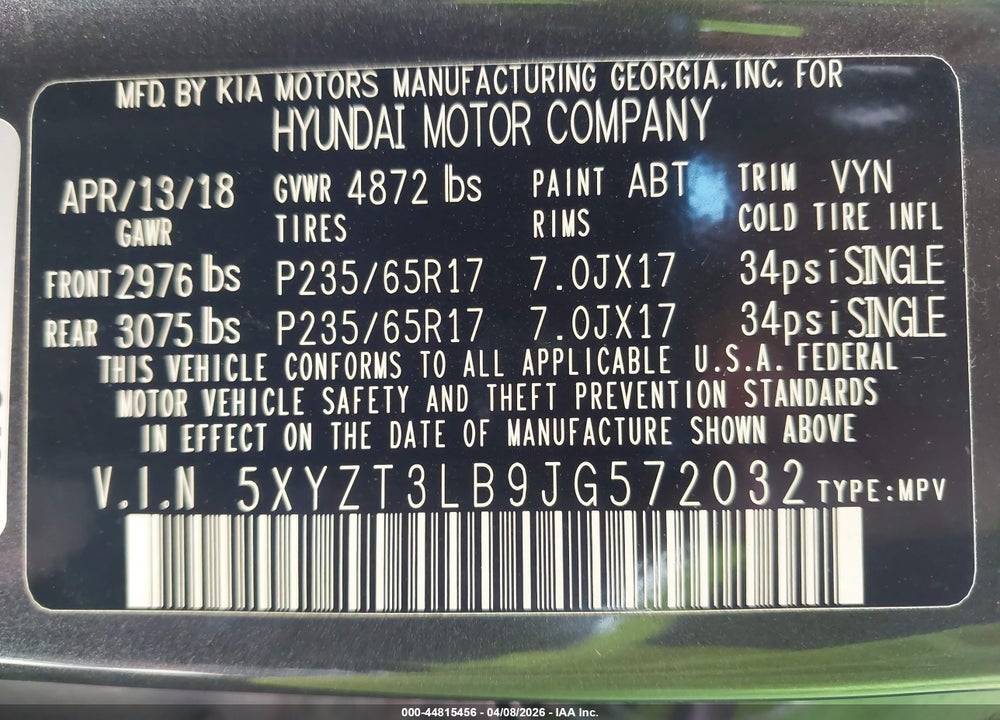 2018 HYUNDAI SANTA FE SPORT 2.4L VIN: 5XYZT3LB9JG572032