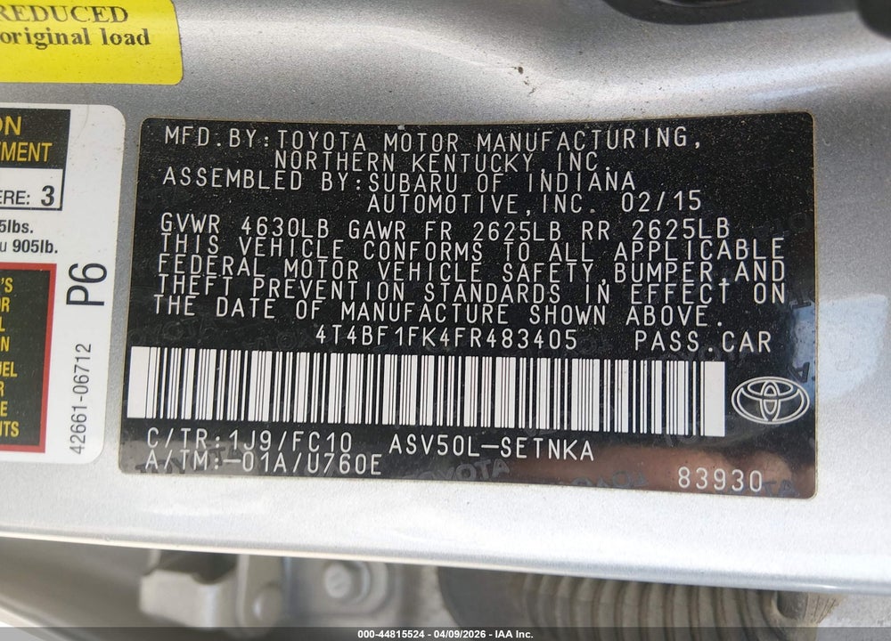 2015 TOYOTA CAMRY LE VIN: 4T4BF1FK4FR483405