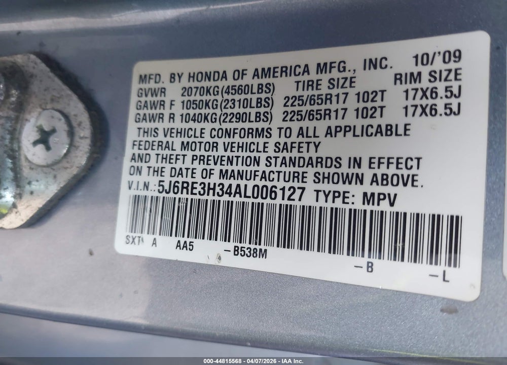 2010 HONDA CR-V LX VIN: 5J6RE3H34AL006127