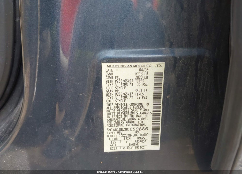 2008 NISSAN PATHFINDER SE VIN: 5N1AR18B28C659886