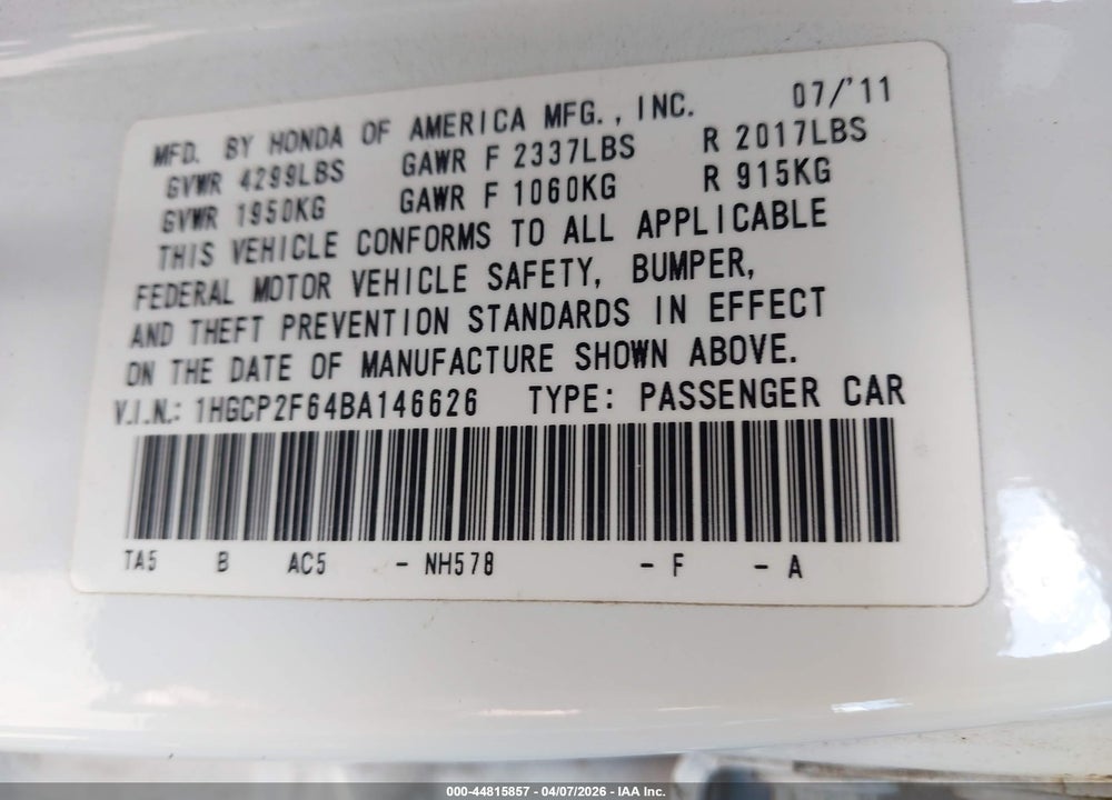 2011 HONDA ACCORD 2.4 SE VIN: 1HGCP2F64BA146626