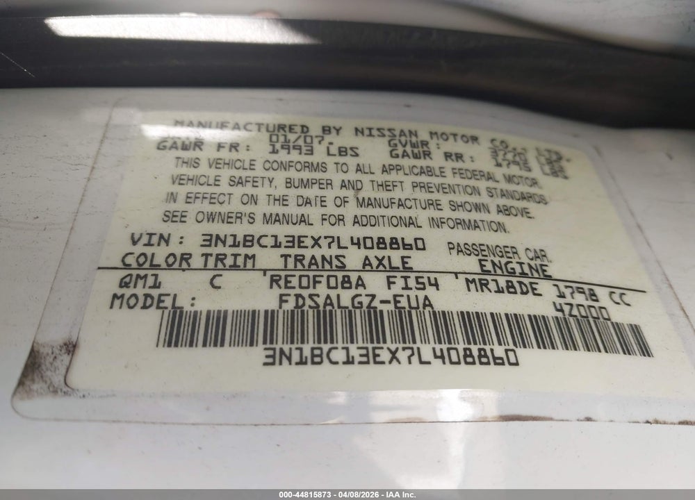 2007 NISSAN VERSA 1.8SL VIN: 3N1BC13EX7L408860