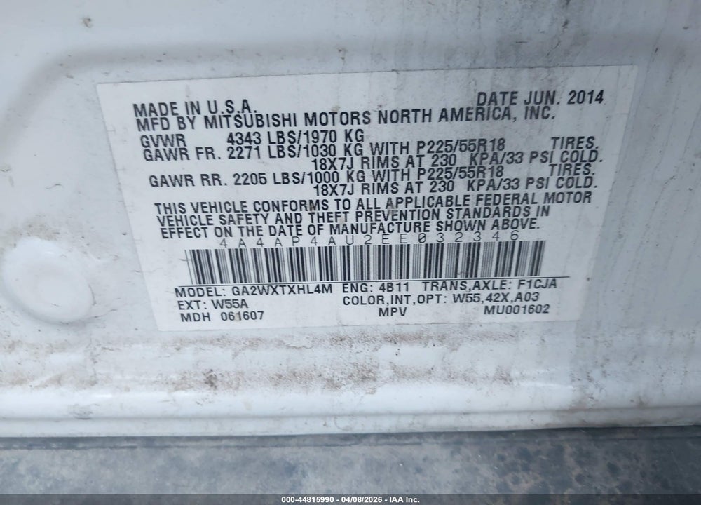 2014 MITSUBISHI OUTLANDER SPORT SE VIN: 4A4AP4AU2EE032346
