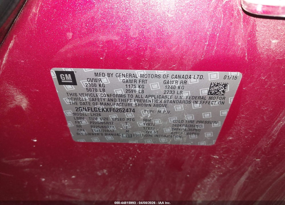 2015 CHEVROLET EQUINOX 2LT VIN: 2GNFLGEKXF6262474