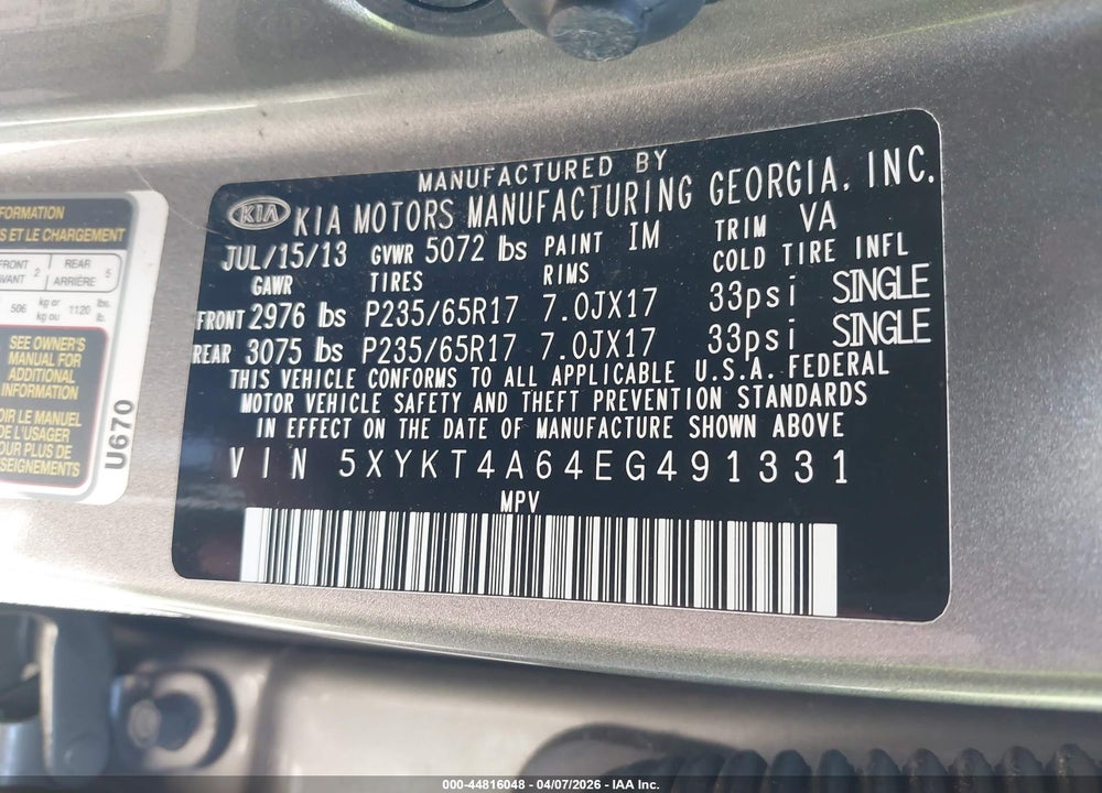 2014 KIA SORENTO LX VIN: 5XYKT4A64EG491331
