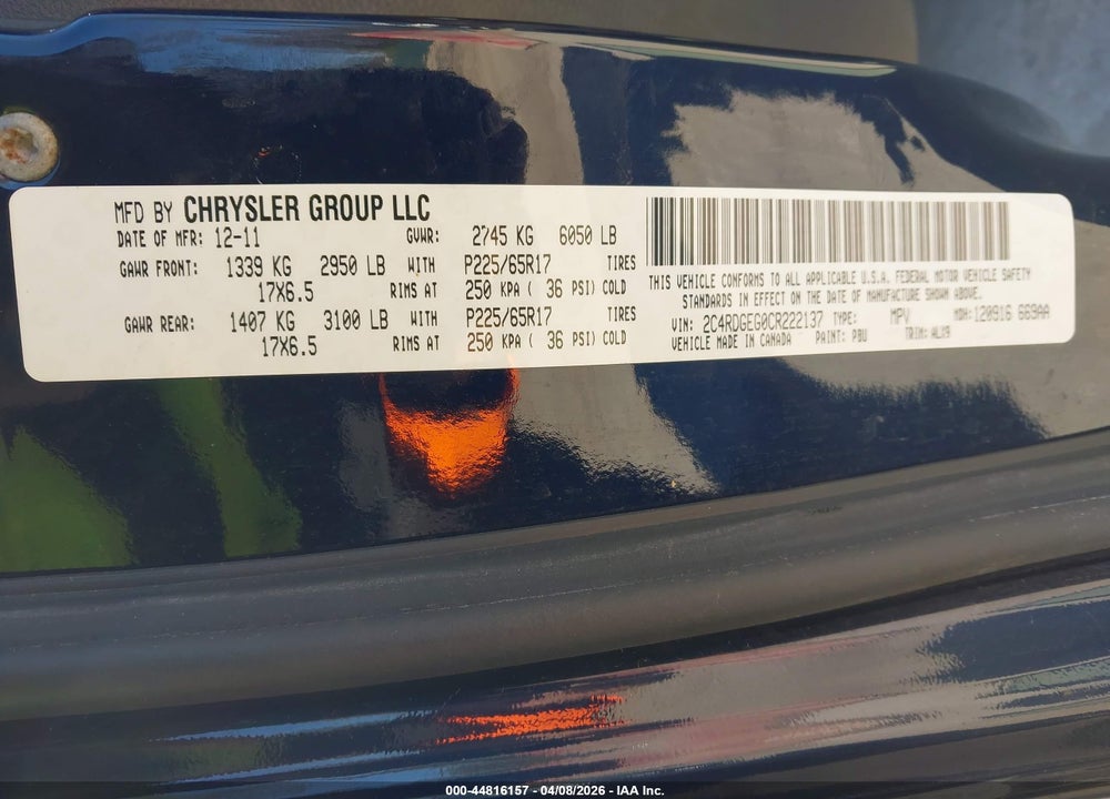 2012 DODGE GRAND CARAVAN R/T VIN: 2C4RDGEG0CR222137