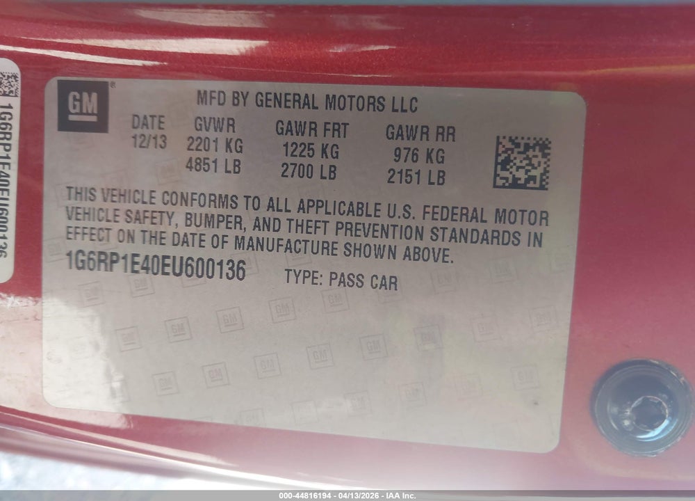 2014 CADILLAC ELR STANDARD VIN: 1G6RP1E40EU600136