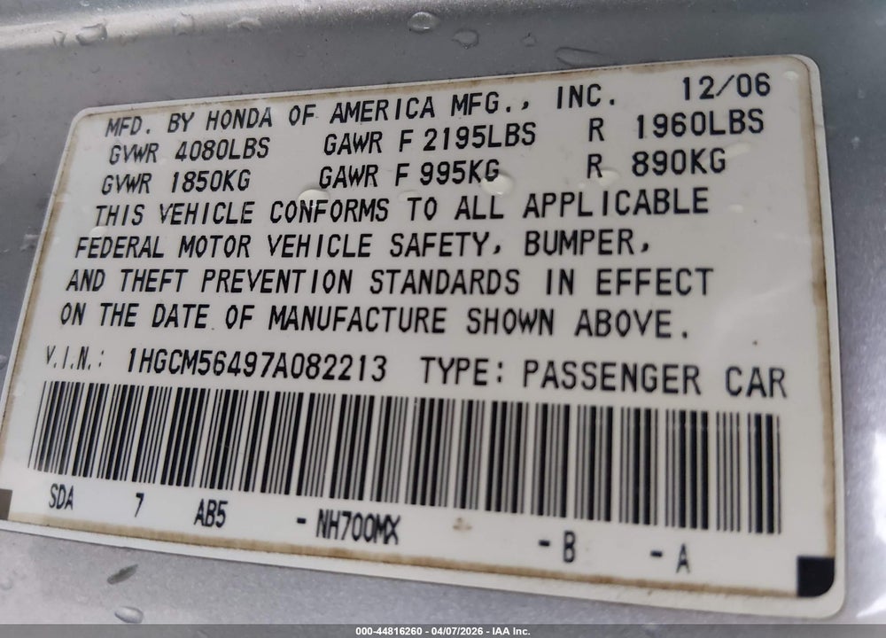 2007 HONDA ACCORD 2.4 LX VIN: 1HGCM56497A082213