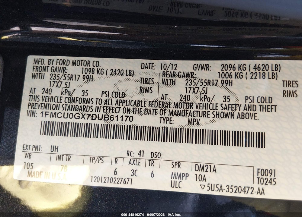 2013 FORD ESCAPE SE VIN: 1FMCU0GX7DUB61170