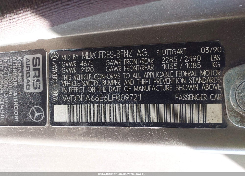 1990 MERCEDES-BENZ 500 SL VIN: WDBFA66E6LF009721