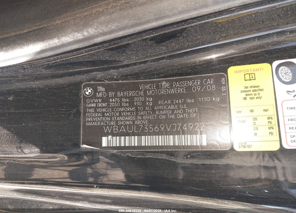 2009 BMW 128 I VIN: WBAUL73569VJ74922