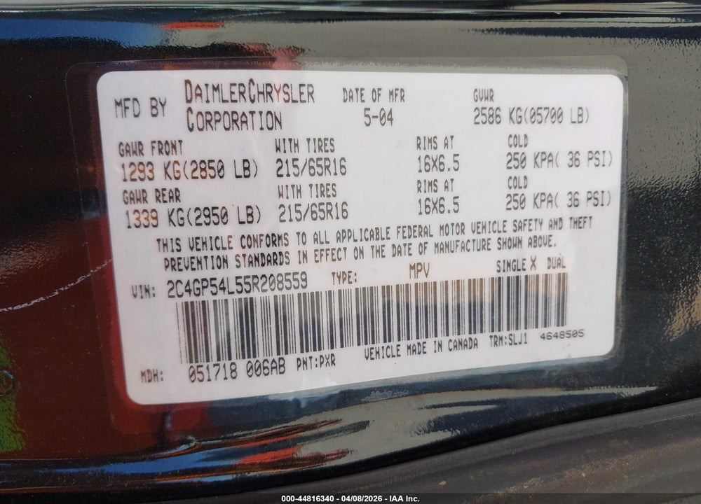 2005 CHRYSLER TOWN & COUNTRY TOURING VIN: 2C4GP54L55R208559