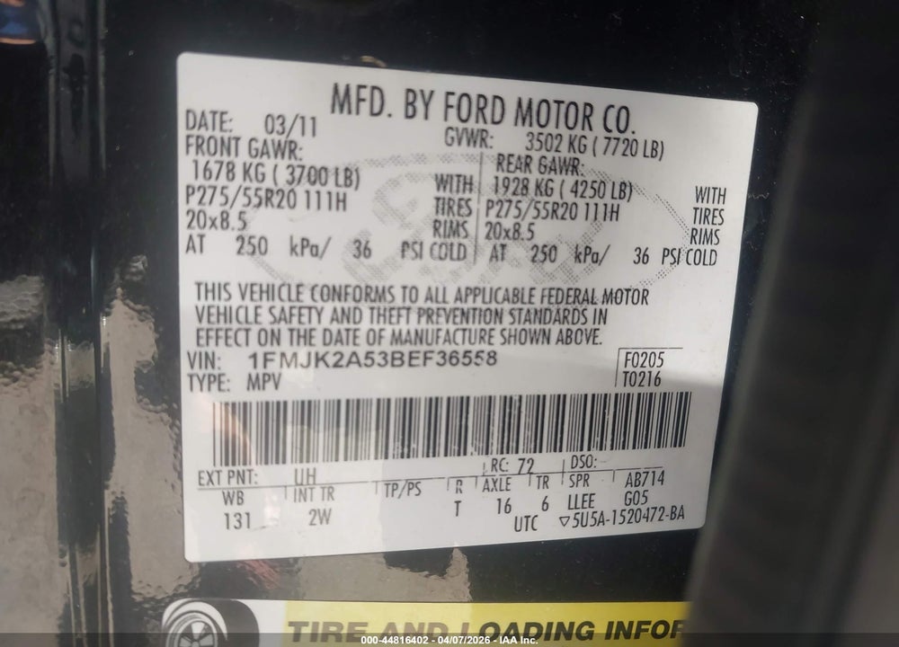 2011 FORD EXPEDITION EL LIMITED VIN: 1FMJK2A53BEF36558