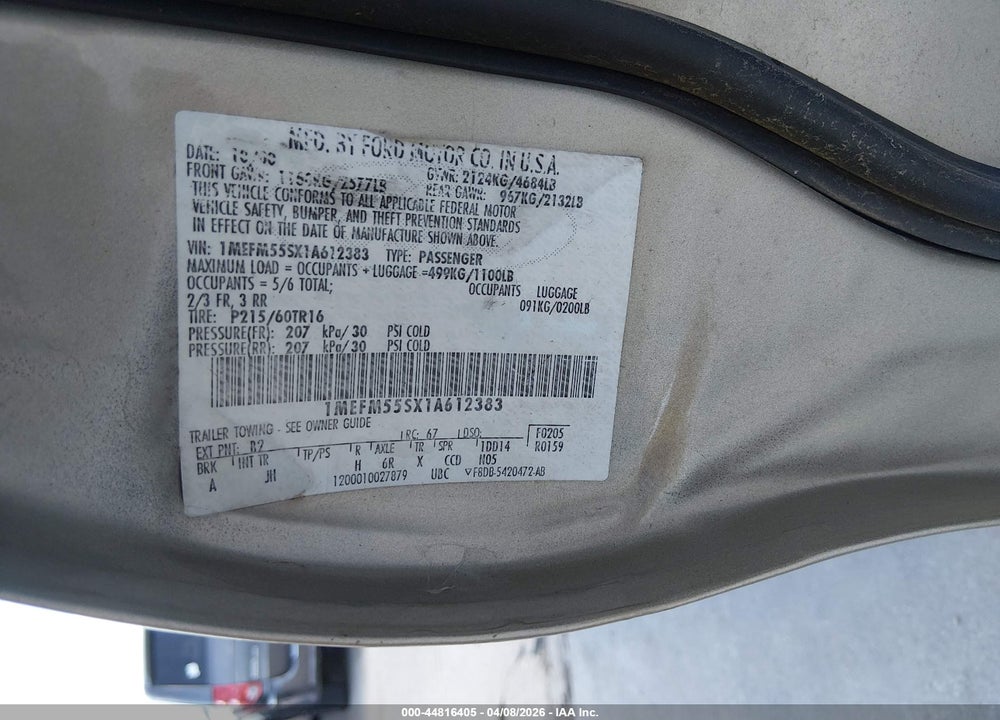 2001 MERCURY SABLE LS PREMIUM VIN: 1MEFM55SX1A612383